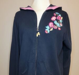 Oleg Cassini Sport Hooded Sweatshirt Large Navy Embroidered Full Zip Boho Granny